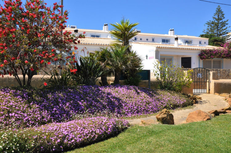 The white oceanfront holiday villas of Ocean Villas Luz as seen from the lush private gardens next to the sea