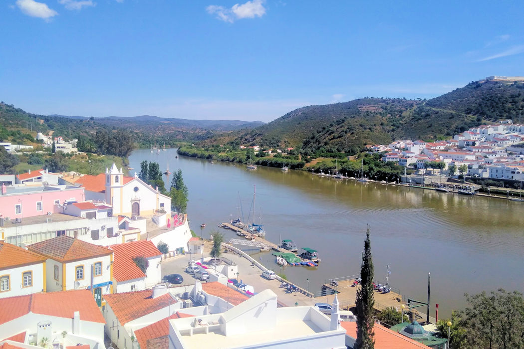 The aerial view of Alcoutim from the historic castle lies next to the river guadiana and its Spanish neighbour