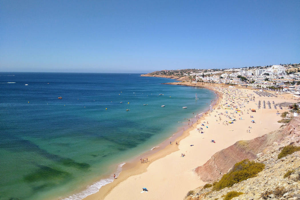 The aerial view of the main beach at Praia da Luz, Algarve, Portugal